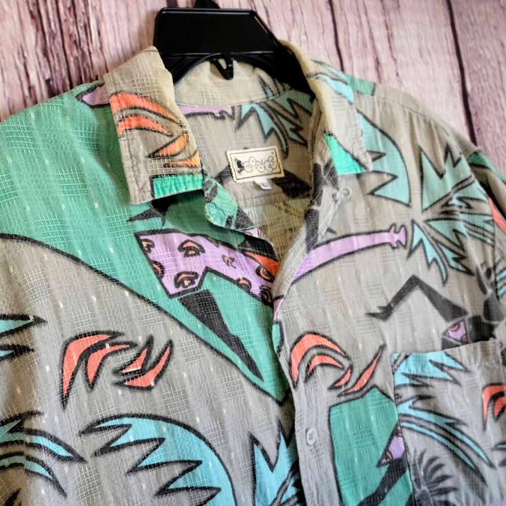 Vintage 80s Cotton Hawaiian Camp Tropical Dancer Large Shirt Textured Stitch L